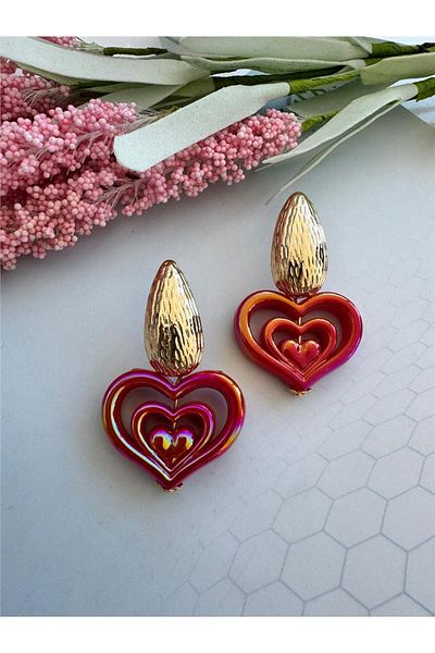 Pelin Aksesuar Heart Design Red Mother of Pearl Earrings