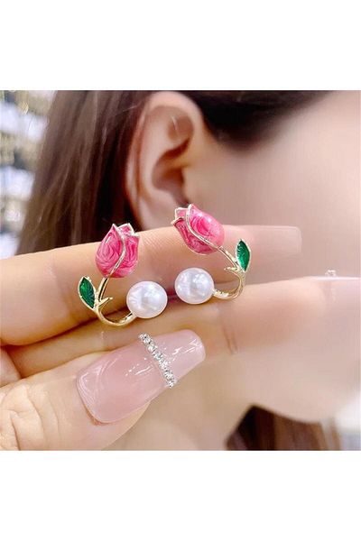 Pelin Aksesuar Dark Pink Tulip Earrings with Pearls