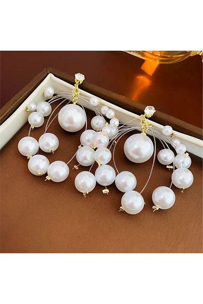 Pelin Aksesuar Transparent Fishing Line Pearl Fringed Earrings