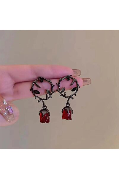 Pelin Aksesuar Circle Red Rose Figured Leaves Gothic Earrings