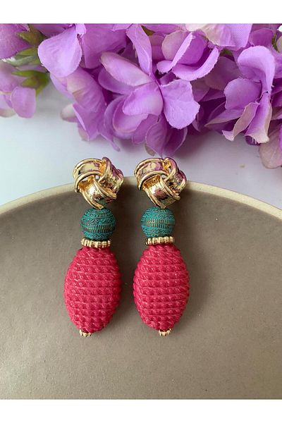 Pelin Aksesuar Fuchsia Green Beaded Ethnic Design Earrings