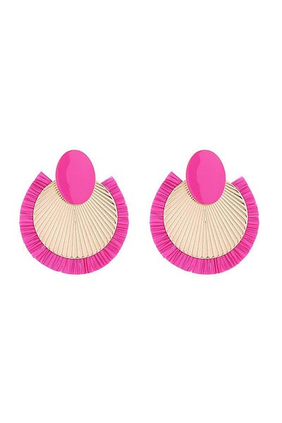 Pelin Aksesuar Fuchsia Raffia Earrings - Fringe with Tassel Detail