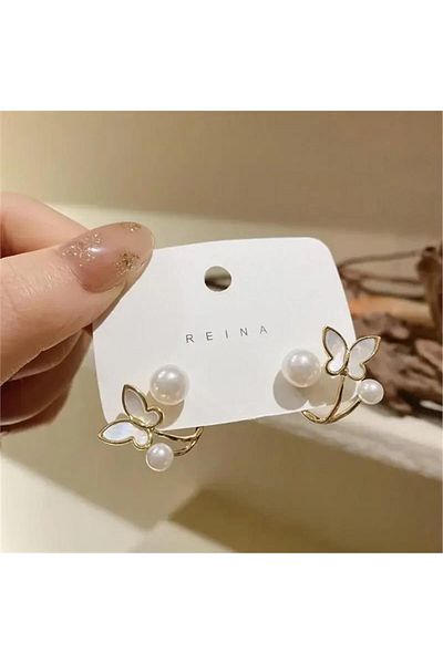 Pelin Aksesuar Butterfly Patterned Pearled Earrings with Pearls