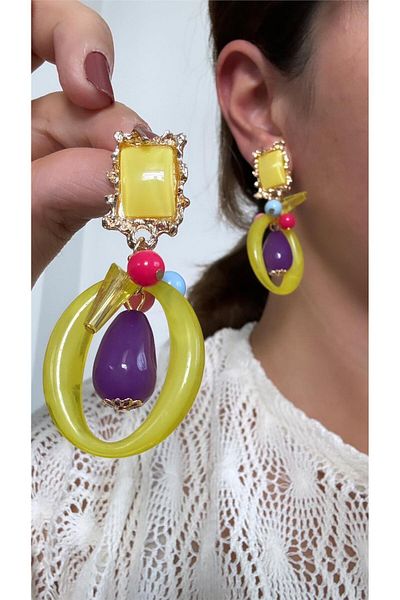 Pelin Aksesuar Yellow Purple Earrings with Bead Detail