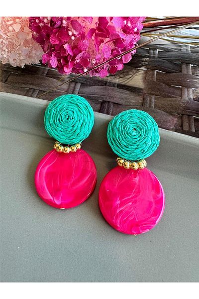 Pelin Aksesuar Fuchsia Circle Design Earrings with Green Wicker String
