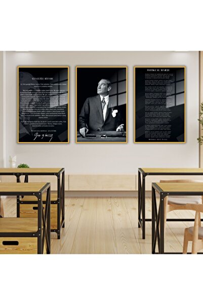 GAAGART 3'lü Metal Çerçeveli Cam Tablo Seti Siyah Beyaz Atatürk İstiklal Marşı ve Gençliğe Hitabe