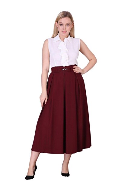 Apsen Collection تنورة نسائية موسمية واسعة من أبسن بلون بوردو مع تفاصيل إكسسو...