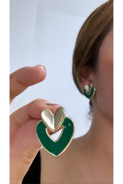 Pelin Aksesuar Green Gold Heart Earrings