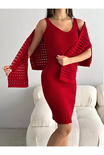 Lady MORE Triko Delikli Kazak Elbise Takım