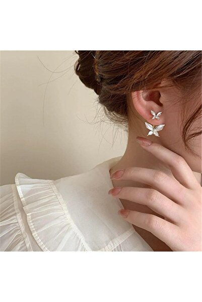 Pelin Aksesuar Beyaz Çiftli Kelebek Hayalet Küpe