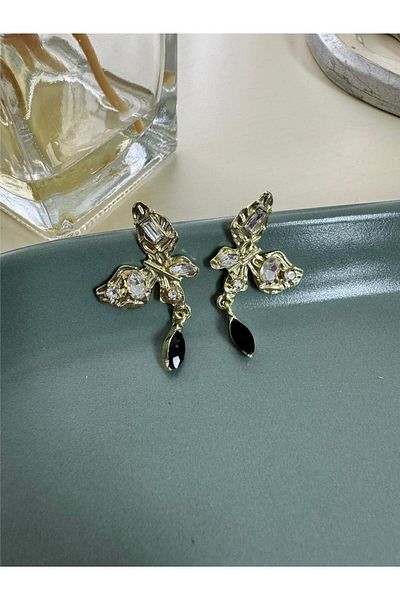 Pelin Aksesuar Gold Butterfly Earrings with Black Stones