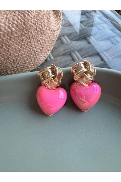 Pelin Aksesuar Pembe Parlak Sedefli Kalp Tasarım Küpe