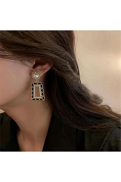 Pelin Aksesuar Black Pearl Rectangle Earrings