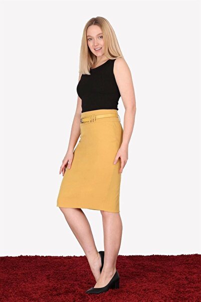 Genel Markalar Apsen Kadın 1984-63 Hardal kemer Detaylı Dört Mevsimlik Midi Boy Ofis Etek