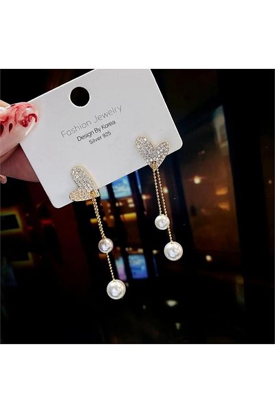 Pelin Aksesuar Adjustable Elevator - Pearl Gold Heart Earrings