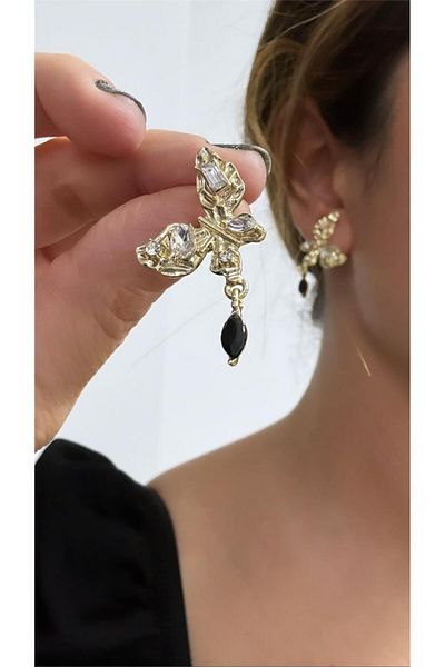 Pelin Aksesuar Gold Butterfly Earrings with Black Stones