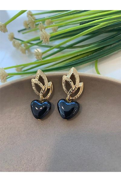 Pelin Aksesuar Ceramic Black Heart Earrings