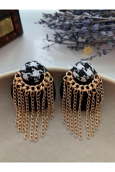 Pelin Aksesuar Houndstooth Patterned Gold Chain Dangle Earrings