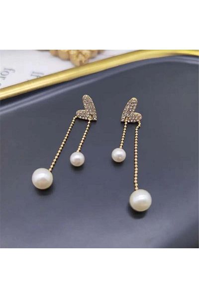 Pelin Aksesuar Adjustable Elevator - Pearl Gold Heart Earrings