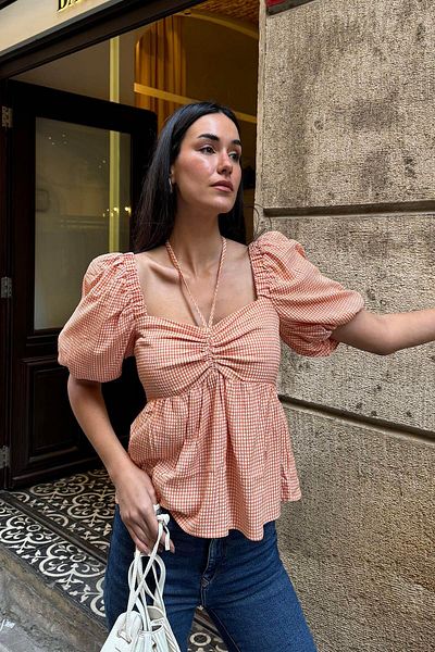 FOR YOU MODA Natural Viscose Neck Tied Orange Blouse
