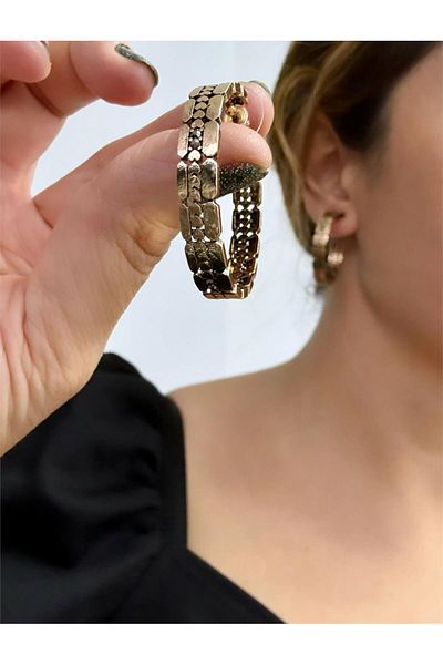 Pelin Aksesuar Smoked Stone Heart Row Bronze Hoop Earrings