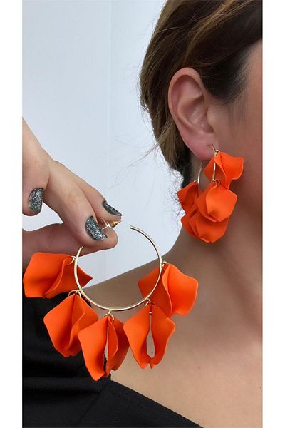 Pelin Aksesuar Orange Leaf Hoop Earrings - Detailed