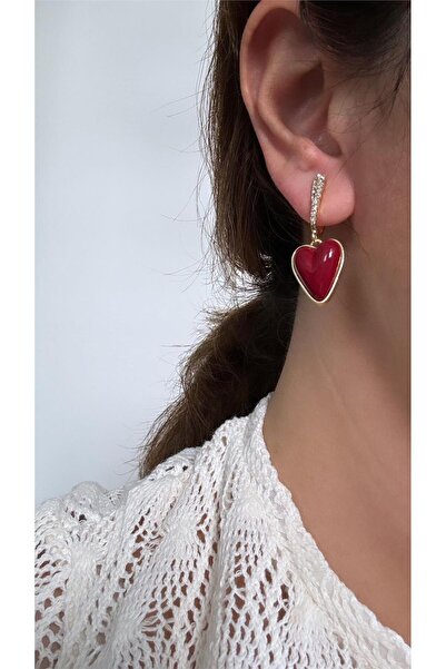 Pelin Aksesuar Kırmızı Taşlı Kalp Küpe