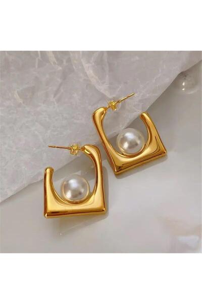 Pelin Aksesuar İncili Köşeli Kare Halka Küpe