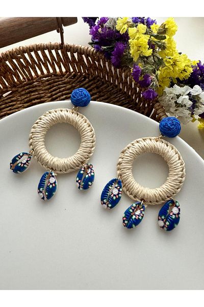 Pelin Aksesuar Straw Earrings - Navy Blue, Sea Shell