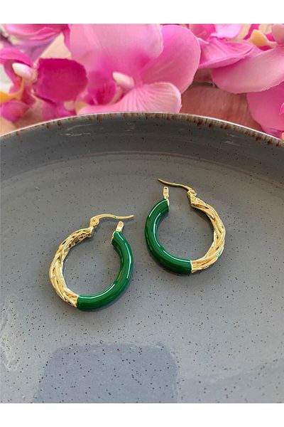 Pelin Aksesuar Green Enameled Braided Hoop Earrings