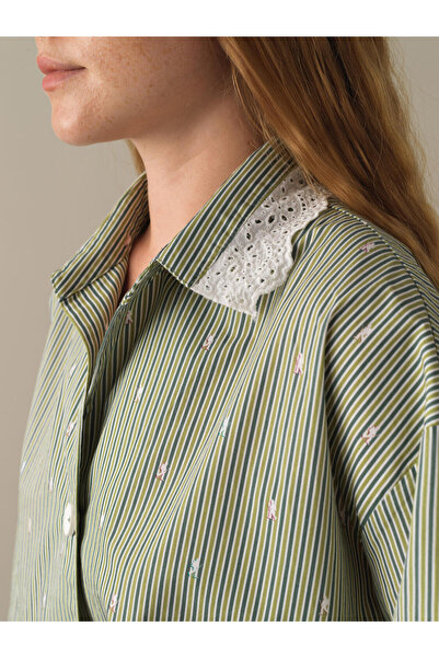 Xint Kadın Yeşil Pamuk Dokulu Oversize Çizgili Gömlek