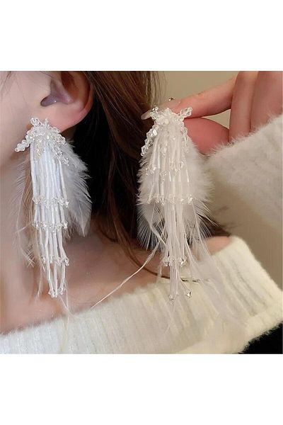 Pelin Aksesuar White Crystal and Feather Embroidered Design Earrings