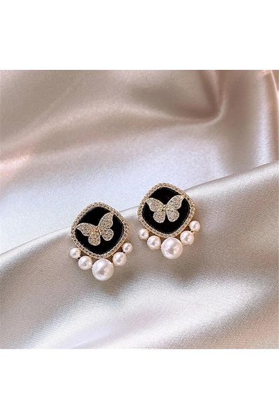 Pelin Aksesuar Black Stone Butterfly Earrings with Pearls