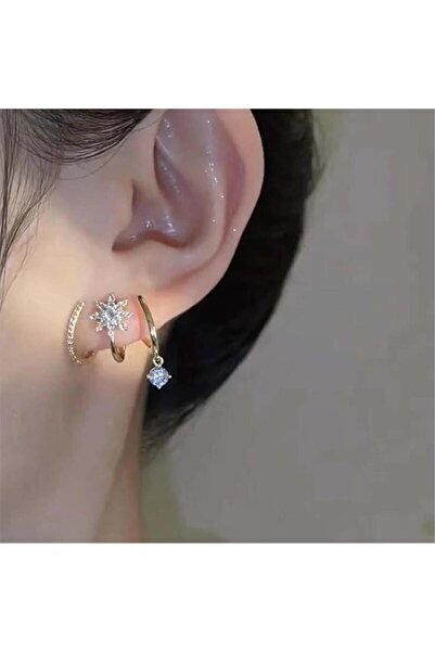 Pelin Aksesuar Kristalli Üçlü Halka Küpe