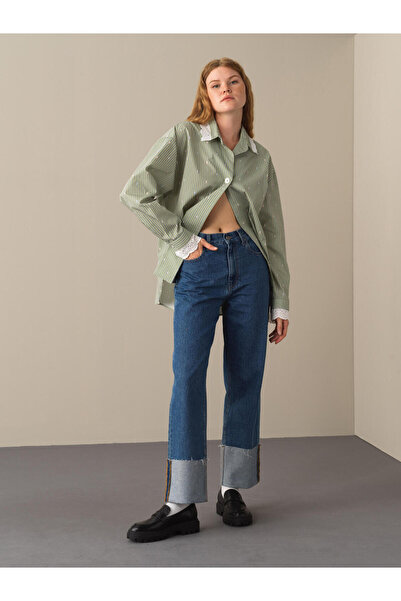 Xint Kadın Yeşil Pamuk Dokulu Oversize Çizgili Gömlek