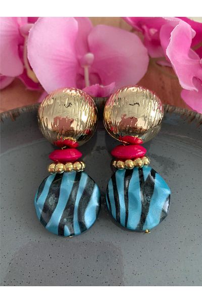 Pelin Aksesuar Blue Fuchsia Beaded Design Earrings