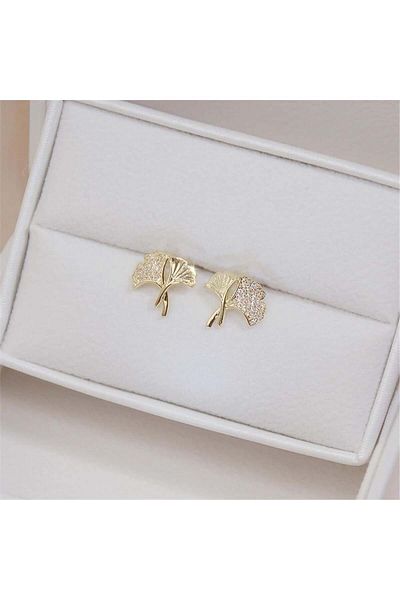 Pelin Aksesuar Gold Gingko Leaf Earrings with Crystal