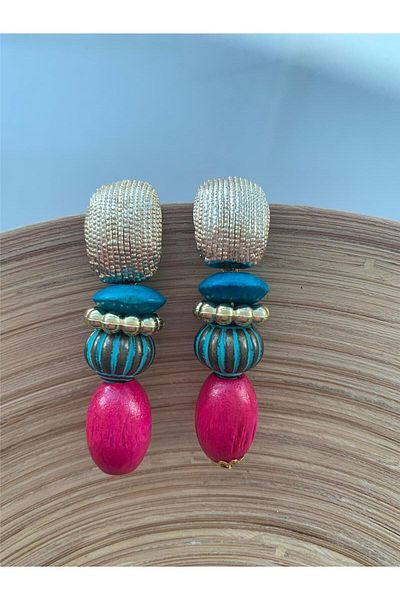 Pelin Aksesuar Fuchsia Green Wooden Beaded Design Earrings