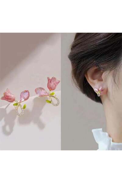 Pelin Aksesuar Pembe Taşlı Lale Zarif Küpe