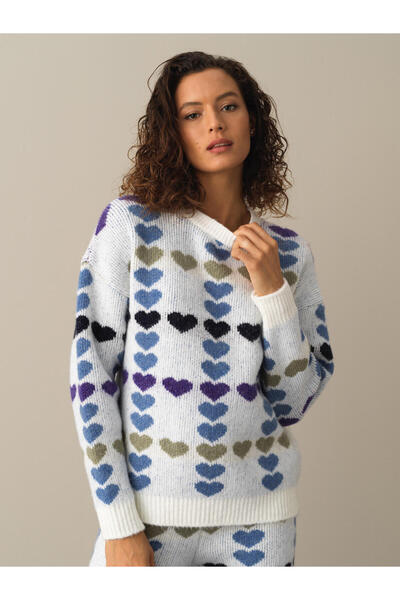 Xint Kadın Mavi Yumuşak Dokulu Oversize Desenli Kazak