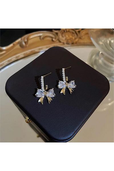 Pelin Aksesuar Stone Pearl Bow Earrings