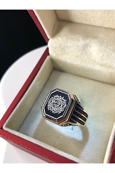vogutima Erkek Gümüş Yüzük - Hz. Süleyman Mührü Işlemeli Üç Sıra Zirkon Taşlı • Işıklı Kutuda Yüzük