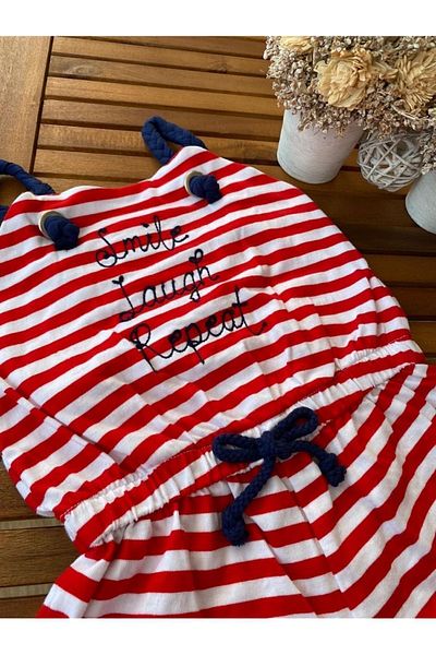 Baby Aden Striped Embroidered Text Marine Knitted Strap Baby Girl Jumpsuit 2 Years / 4 Years / 5 Years / 7 Years