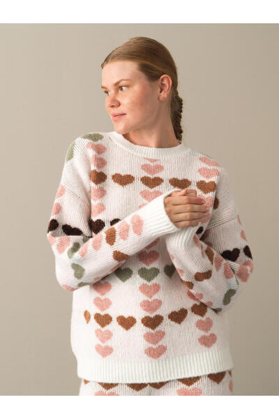 Xint Kadın Pembe Yumuşak Dokulu Oversize Desenli Kazak