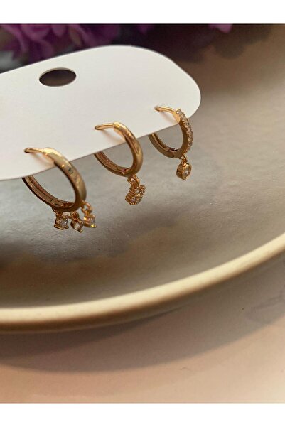 Pelin Aksesuar Üçlü Zirkon Taş Sallantılı Halka Küpe