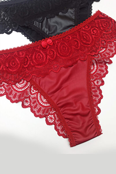MILANOFOX Kadın 2'li Deri Detaylı Dantelli Brazilian Külot 2 Model Siyah-Kırmızı