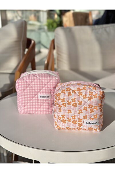 Batekso Pachet de 2 geanți de machiaj cu model de flori portocalii și roz pătrați - dimensiuni mici