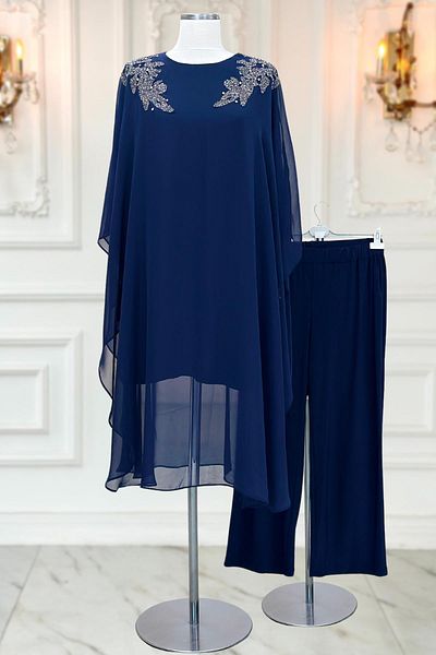 Amine Hüma Σετ βραδινό φόρεμα Navy Blue Mesture