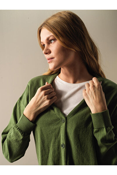 Xint Kadın Dyeşil %100 Pamuk Slim Fit Düğmeli Basic Hırka