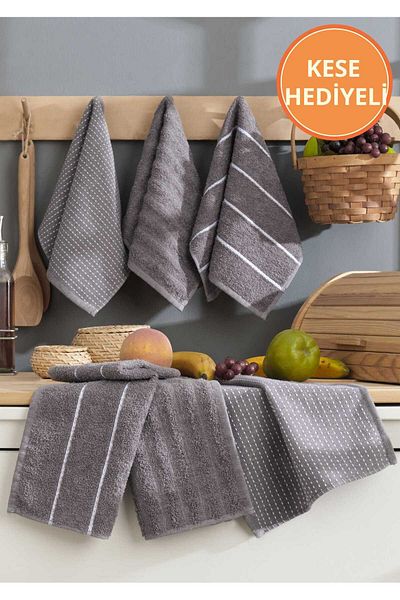 Rebeka Home Collection Sophia Gray 6-Piece Hand and Face Towel Set - 30X50 cm Kitchen Towel